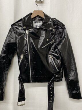 WALTER BAKER Shiny Patent Luxe Lamb Leather Moto Biker Jacket Black - Small